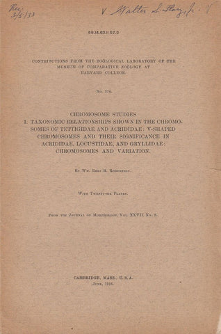 Chromosome Studies I. Taxonomic Relationships shown in the Chromosomes of Tettigidae and Acrididae: V-Shaped Chromosomes and their Significance in Acrididae, Locustidae, and Gryllidae: Chromosomes and Variation