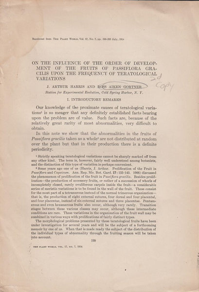 On the Influence of the Order of Development of the Fruits of Passiflora Gracilis upon the Frequency of Teratological Variations