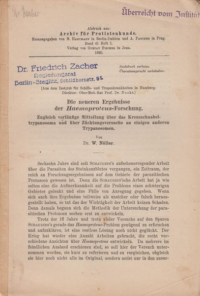 Die neueren Ergebnisse der Haemoproteus-Forschung. Zugleich vorlaufige Mitteilung uber das Kreuzschnabel-trypanosoma und uber Zuchtungsversuche an einigen anderen Trypanosomen