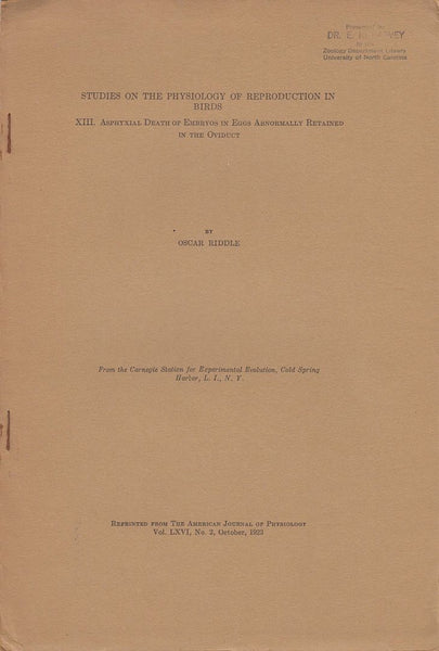 Studies on the Physiology of Reproduction in Birds XIII. Asphyxial Death of Embryos in Eggs Abnormally Retained in the Oviduct