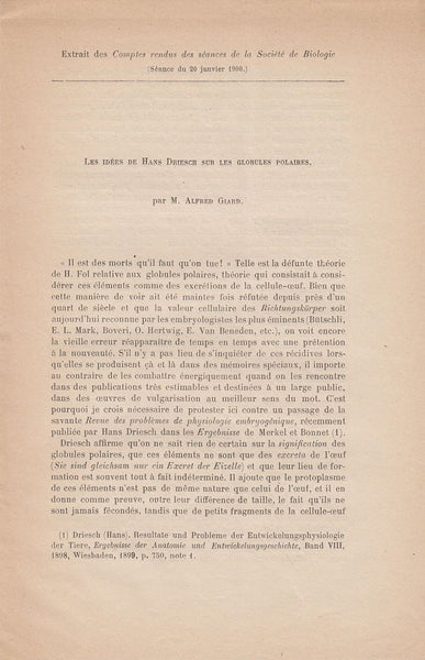 Les Idees de Hans Driesch sur les Globules Polaires