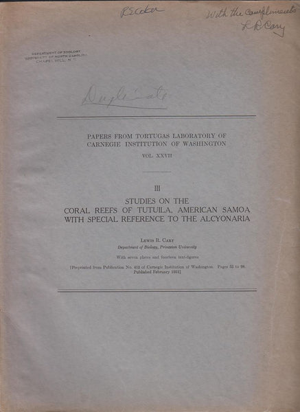 Studies on the Coral Reefs of Tutuila, American Samoa with Special Reference to the Alcyonaria