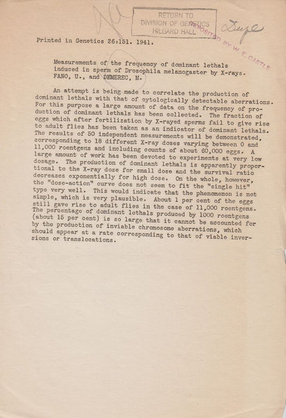 Measurements of the Frequency of Dominant Lethals Induced in Sperm of Drosophila melanogaster by X-Rays  by Demerec, M. and Fano, U.