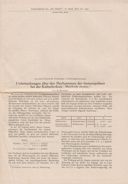 Untersuchungen uber den Mechanismus des Immerspaltens bei der Kulturlevkoje (Matthiola incana)