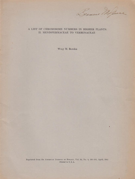 A List of Chromosome Numbers in Higher Plants. II. Menispermaceae to Verenaceae