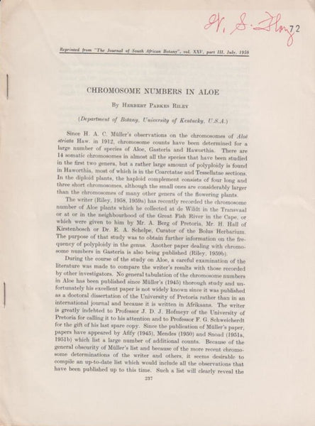 Chromosome Numbers in Aloe