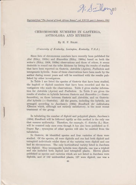 Chromosome Numbers in Gasteria, Astroloba and Hybrids