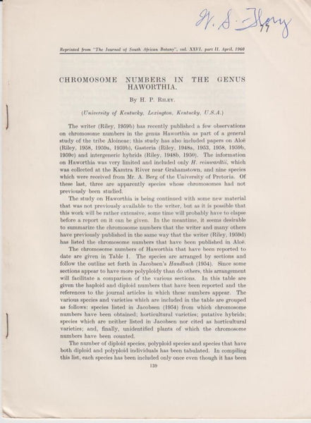 Chromosome Numbers in the Genus Haworthia