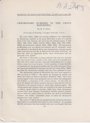 Chromosome Numbers in the Genus Haworthia