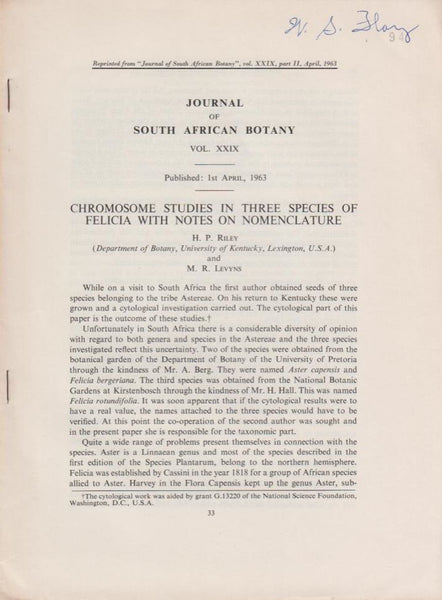 Chromosome Studies in Three Species of Felicia with Notes on Nomenclature