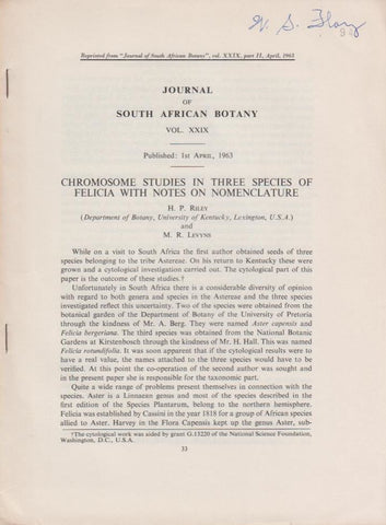 Chromosome Studies in Three Species of Felicia with Notes on Nomenclature
