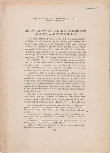 The Comment on Sex in Pigeons Contained in Gerould's Paper on Butterflies
