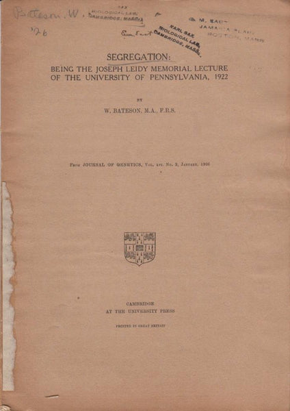 Segregation: Being the Joseph Leidy Memorial Lecture of the University of Pennsylvania, 1922