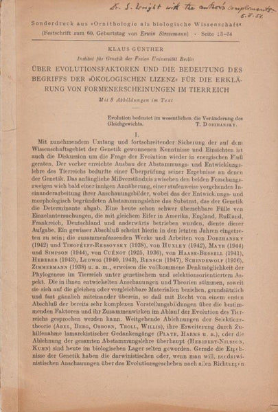 Uber Evolutionsfaktoren und die Bedeutung des Begriffs der "Okologischen Lizenz" fur die Erklarung von Formenerscheinungen im Tierreich