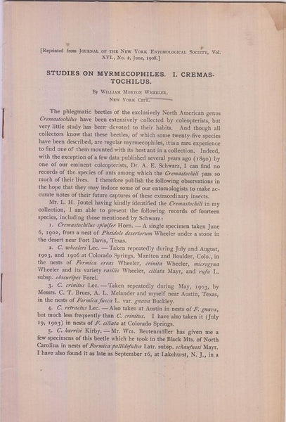 Studies on Myrmecophiles. I. Cremas-Tochilus  by Wheeler, William Morton