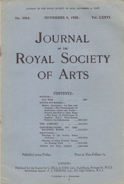 Journal of the Royal Society of Arts 25 issues from No. 3964 Nov. 9, 1928 through No. 3990 May 10, 1929