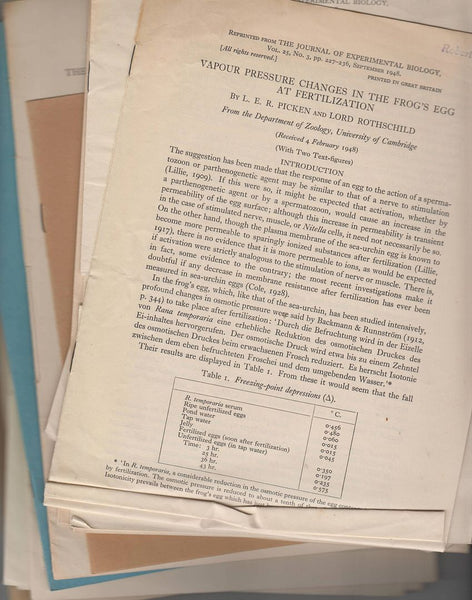 26 rare offprints by Lord Rothschild and others including Vapour Pressure Changes in the Frog's Egg at Fertilization