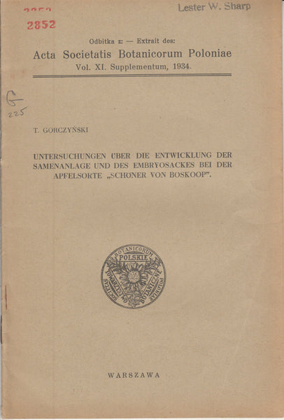Untersuchungen uber die Entwicklung der Samenanlage und des Embryosackes bei der Apfelsorte "Schoner ovn Boskoop"
