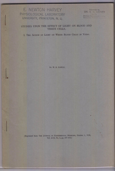 3 offprints:  Studies Upon The Effect of Light on Blood and Tissue Cells: I. The Action of Light on White Blood Cells in Vitro. II. The Action of Light on Erythrocytes in Vitro. III. The Action of Light on Fibroblasts in Vitro
