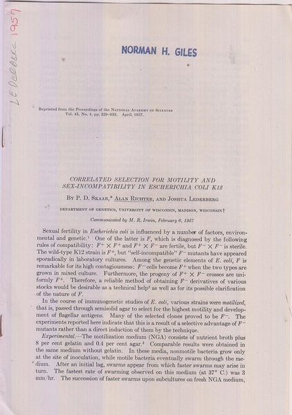 Correlated Selection for Motility and Sex-Incompatibility in Escherichia Coli K12  by Skaar, P.D., Alan Richter, Joshua Lederberg