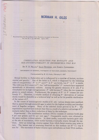 Correlated Selection for Motility and Sex-Incompatibility in Escherichia Coli K12  by Skaar, P.D., Alan Richter, Joshua Lederberg