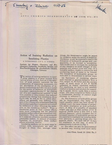 Set of three offprints by L. Ehrenberg 1956-1957  by Ehrenberg, L.