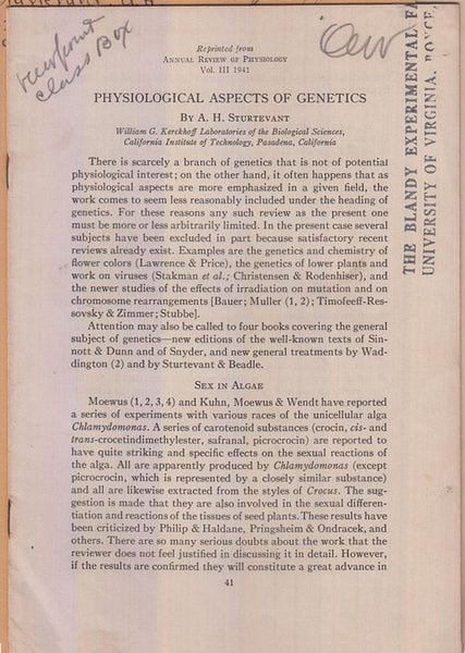 Set of offprints by A.H. Sturtevant from the library of Franz Schrader  by Sturtevant, AH