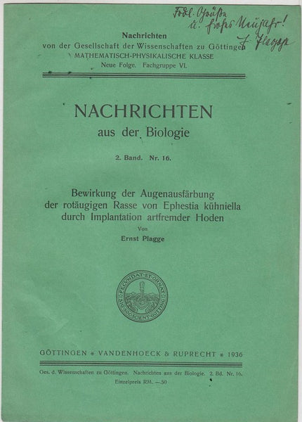 Bewirkung der Augenausfarbung der rotaugigen Rasse von Ephestia kuhniella durch Implantation artfremder Hoden