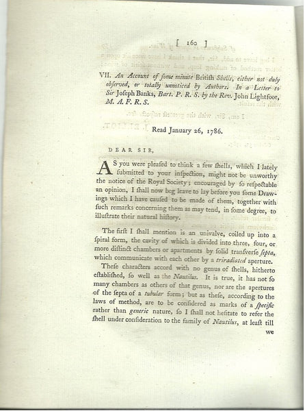 An Account of Some Minute British Shells, Either not Duly Observed, or Totally Unnoticed by Authors. In a Letter to Sir Joseph Banks, Bart. P. R. S. by the Rev. John Lightfoot, M. A. F. R. S.