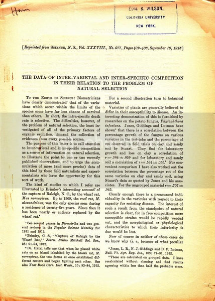 The Data Of Inter-Varietal And Inter-Specific Competition In Their Relation to The Problem Of Natural Selection  by Harris, Arthur