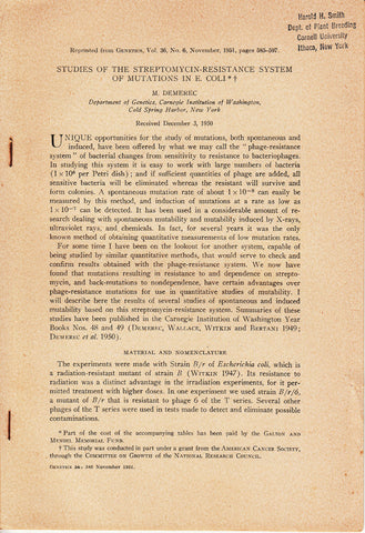 10 Offprints by M. Demerec including "Studies of the Streptomycin-Resistance Systems of Mutations in E. Coli"