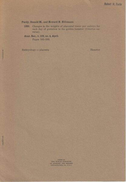 Changes in the Weights of Placental Tissue per Embryo for Each Day of Gestation in the Golden Hamster (Cricetus auratus)
