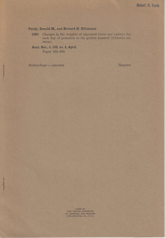 Changes in the Weights of Placental Tissue per Embryo for Each Day of Gestation in the Golden Hamster (Cricetus auratus)