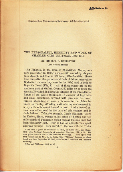 The Personality, Heredity and Work of Charles Otis Whitman, 1843-1910