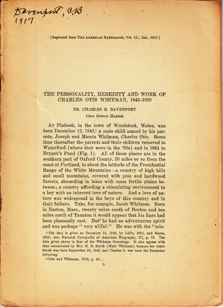 The Personality, Heredity and Work of Charles Otis Whitman, 1843-1910